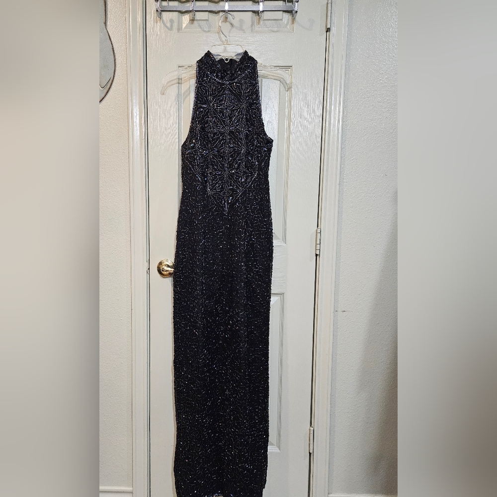 Papell Boutique Black Sequin Halter Maxi Dress